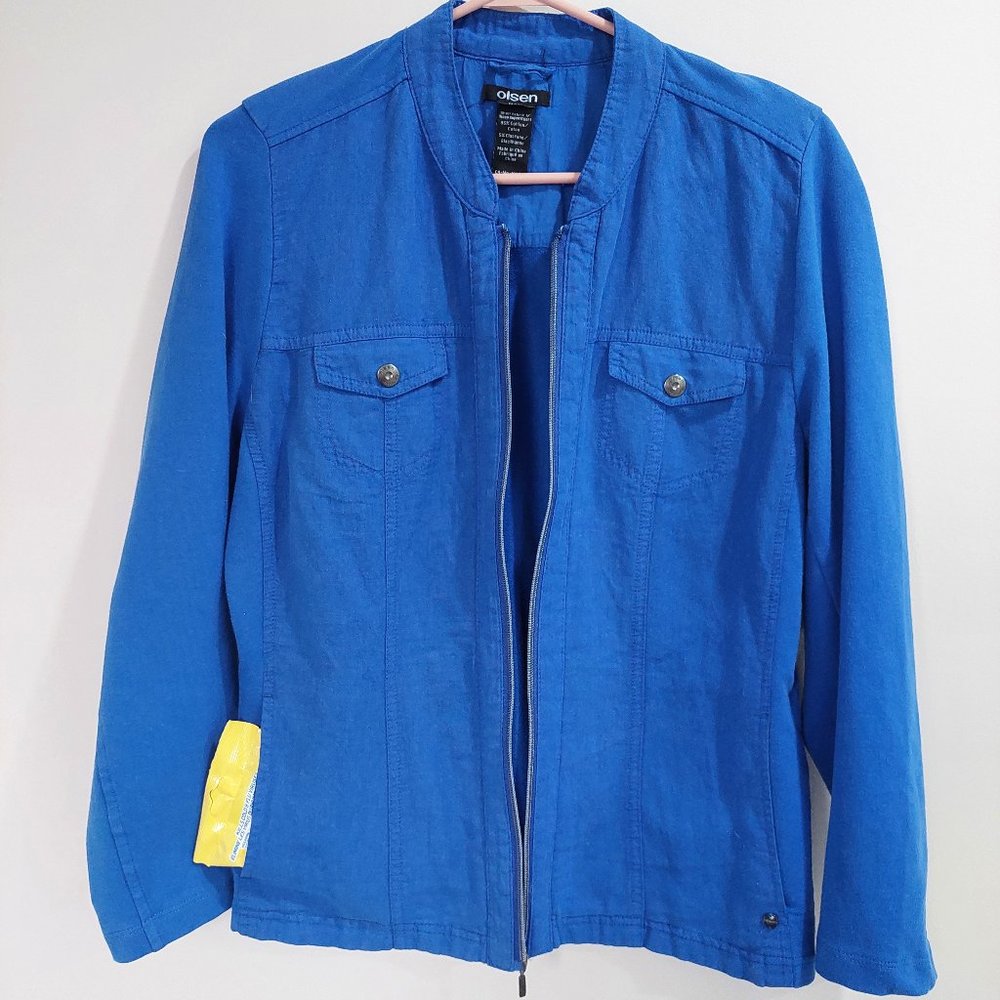 Olsen Royal Blue Cotton Stretchy Zip Front Jacket, Size M/10
